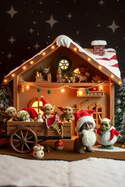 doll house with doll camping wagon and lotsa gremlins and starry background and a santa beast