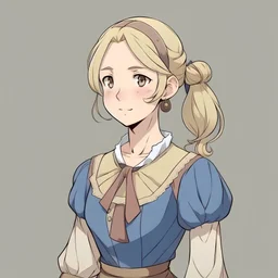 A teenage French girl, blonde hair in a bun, anime style, 1700s peasant outfit