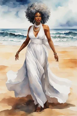 Create an urban culture watercolor painting of a beautiful thick black female wearing a soft white maxi dress and a white hair wrap. Prominent make up with lush lashes. Highly detailed tightly curly afro. Background of her walking in the sand by the ocean.