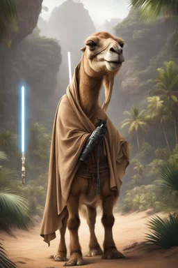 [photo realistic] a camel standing with a Jedi cape and a Lightsaber, using the force, jungle in the background