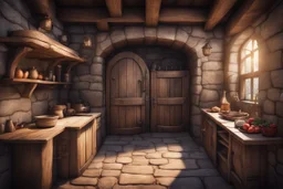 fantasy medieval kitchen with an open door