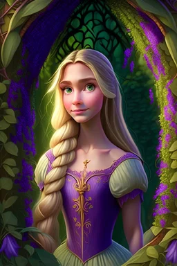Princess Rapunzel, with a very beautiful and symmetrical face, with a charming look, with a very wonderful dress, in a very beautiful garden