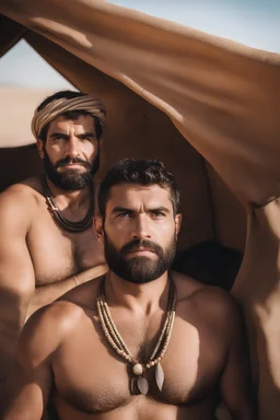 portrait photography of two serious ugly brawn 35-year-old burly beefy bullneck arabs tourist guides wearing traditional clothes, shirtless, big shoulders, hairy chest, manly chest, with very bushy eyebrows, photorealistic, sunlight, ambient occlusion, strong side light , inside a camping tent in the desert