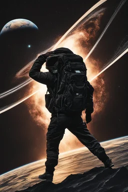 A figure wearing a black backpack deep in a supernova overlooking planet Earth