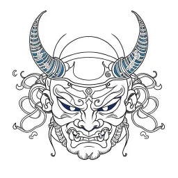 White, minimalis line art , oni mask japanes , vector, white background, outline, with images neatly contained within the background, just black and white color,