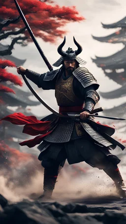 a dynamic composition of a samurai warrior engaged in a fierce battle with a mythical creature, blending traditional Japanese art elements with a modern twist. Focus on detailed armor and expressive action. 8k resolution.