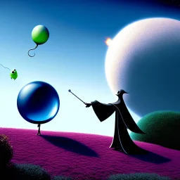 The mouse and the grim reaper discussing the future of the universe on bubble world, art by Pixar and Magritte