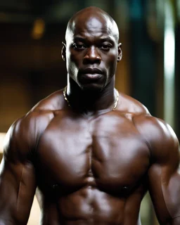 Adewale Akinnuoye-Agbaje x morris chesnut as a handsome dark skinned and muscular heavy set man with a bald head and neatly trimmed beard. Shirtless. he has a gold earing in his left ear. he has a dominant expression on his face