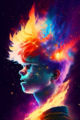 A boy face with colored flame hair behind him exploding galaxies