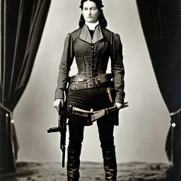 sepia portrait of female western outlaw wearing holster with guns around waist and belts with rows of bullets criss-cross her chest, 1800s, 8k, high-quality, ultra-fine detail, Brian Froud, Howard Lyon, Alfredo Rodriguez, Jack Sorenson, G. Harvey, Annie Stokes, Lilyan Tashman, Lousie Klement, Greg Rutowski