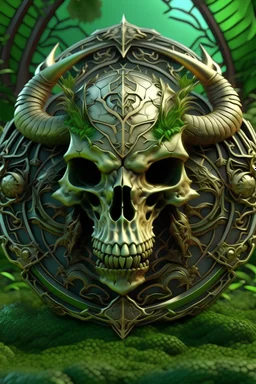 4K, 8K, 3D, dragon skull on medallion, green, stone, iron, grass, trees, Exquisite detail-logotype, very detailed elegant style, 3-Dimensional, hyper realistic, dragon skull, extremely detailed, hyper realistic, 3d render, photo, dragon skull on medallion