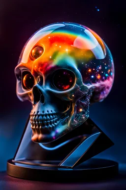 glass alien head harboring a colorful, tiny galaxyscape within; Miniature planets, moons, and vivid nebulae inside skull; by "NASA"; by "Hubble telescope"; futuristic aesthetics microscopic galaxy inside a glass head