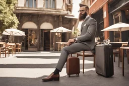 bearded man in elegant suit with checkered skirt on high heels standing next to a restaurant holding a laptop case in sunshine