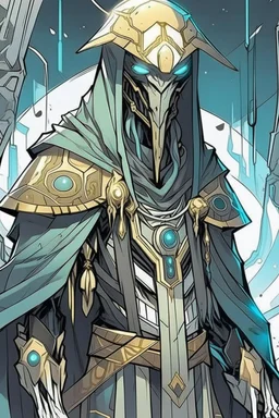 Anime alien villain character with random skin, huge , antagonist smart,too much modern armour and wearing a robe cover his head , aged thousand years and can He achieves anything he imagines