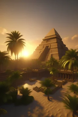 une cité antique orientale dominée par le soleil couchant, avec un grand temple pyramide central entouré de palmiers et soutenu par des centaines de colonnes