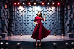 a pretty stage made of metallic blue-gray theme 3d recursive cubic and sphere base structures and a beautiful fashion model lady posing with joy and cute ,with dark red top and pretty pleated midi skirt ,makeup curvy long hair,dynamic camera zoom to full body and pan, dynamic lights.