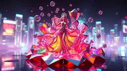 very complex CIFY structure ,pretty viberating color environment 3d metalic and crystal recursive evolving and animating beveled geometric base very complex CIFY structure emiting bubbles that broke, goddess of love in a pretty modern dress comes out dancing fast hip hop, viberating color moving very in modern city escap environment while camera tracking it.write in down screen 3d animating"Made in PixVerse By:J.Babakan"