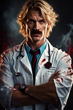 Mid-thirties, Caucasian male doctor, creepy smile, messy blonde hair, light-colored thick mustache, pale blue eyes, broad shoulders, muscular, six foot, Hawaiian shirt under white lab coat, bloodstains at the edges of the lab coat. Strong Jaw line, in a dark, shadowy room with tendrils of black reaching around him. photo realistic