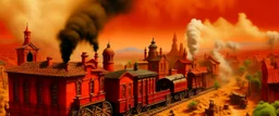 A red western town covered in smoke with a steam train designed in African masks painted by Vincent van Gogh