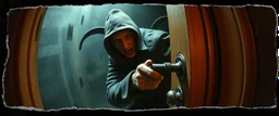 weird ass burglar breaking open a door with a crow bar , pinhole cam, airbrush 3d rendering, in the style of John Atkinson Grimshaw , torn edges on border