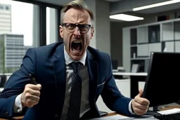 corporate man in office i screaming at employees. Swedish looks