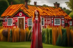 Full body shot of a tall slim pretty, red-headed young woman, dressed in a long flowing colourful dress, standing in front of a row of cottages and shops with thatched roofs, casting runes in the air