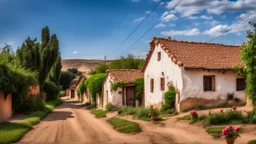 old village houses, European village, dirt road, the last house on the street is the oldest, with an old roof, adobe house, rose bushes in front of the house street photo, cloudy sky