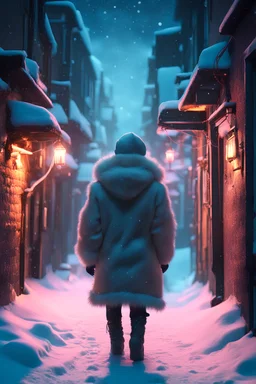 an eskimo walks in an alley, we see her back, neon lights, winter, snow, fantasy world, 4k