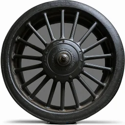 isolated image of a cast iron spoked steel wheel(black) from a steam train. vignette of just the wheel, symmetrical photorealistic