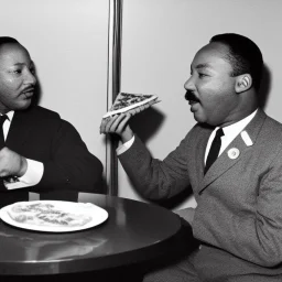 Martin Luther King Jr. and Wario eating pizza at a Denny's restaurant