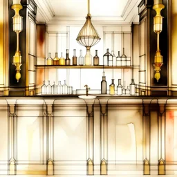 sketch of art deco style cocktail bar with realistic textures, very loose ink and soft watercolor washes