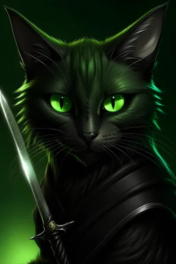 Cute black Tabaxi female cat green eyes eyelashes rogue assassin with daggers