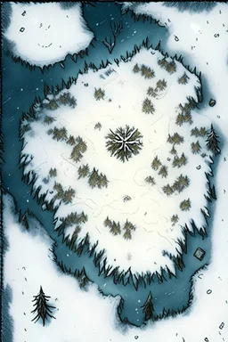 Bird's eye view map of a snow covered field in winter, illustrated fantasy, dungeons and dragons, tactical battle map
