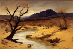 Dry trees, night, arid land, vegetations, rocks, little river, mountains, philip wilson steer impressionism painting