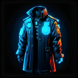 fireman's coat, black background, blue, cyberpunk style, video game icon