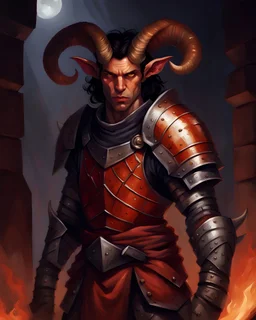 tiefling male, dark hair, wide jaw, red skin, wearing full plate mail armor covering his body, small orangish ram horns, looking at camera, angry look, realism, painting, night, fantasy, pathfinder style