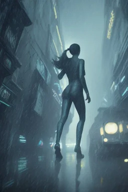 Blade Runner girl, raining, nostalgic, cold, dark blue, gloomy, heavy fog, 8k photorealistic, cinematic lighting, high details, dramatic, atmosphereric