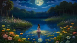 "A warm summer evening, a solitary figure bathing under the soft glow of the full moon, surrounded by lush vegetation and vibrant summer flowers. The water shimmers with a soft glow, reflecting the starry sky. The atmosphere is tranquil and relaxing."