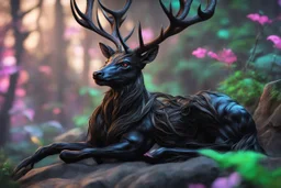 Black Shadow symbiote in 8k realistic anime e drawing style, human model, close picture, Deer them, neon color, crystal antlers deer, intricate details, highly detailed, high details, detailed portrait, masterpiece,ultra detailed, ultra quality