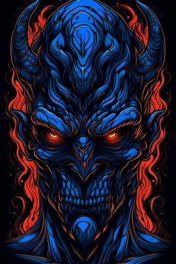 Vibrant Vector Art, Front View, Demon, blue lava veins, stylized, Up close, half skin, black background, eyes all over body, wide face, no mouth