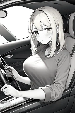 blonde young girl inside car, greyscale