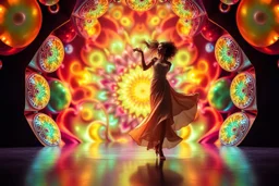 A 3D recursive Mandelbulb fractal modern stage with a pretty lady dancing ,vibrant colors , creating a calm and serene atmosphere,closeup shot