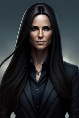 American female president of the future with dark long hair and looking powerful