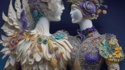 Surreal fantasy Couple Wearing Insanely Detailed Quilling consisting of Mixed Media Including Feathers, Foliage, Flowers, Leather, Buttons, Jewels, Twigs, Plastics, Glitter, Shells, Fabrics, Twine, And Thread; Award-Winning Neo-Surrealistic Masterpiece