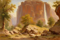 Sunny day, rocks, waterfalls, rocky land, mountains, friedrich eckenfelder and charles leickert impressionism paintings