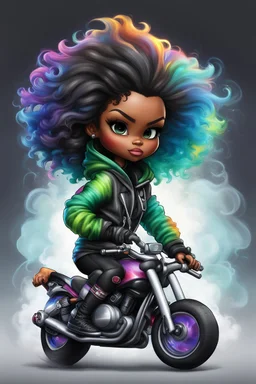 Create an digital airbrush illustration of a chibi cartoon black female wearing tie dye hoodie and black tights and biker boots. Sitting on a colorful sports motorcycle. Prominent make up with long lashes and hazel eyes. Highly detailed long twisted wavy hair blowing in the wind. Background of a bike show and smoke around her.