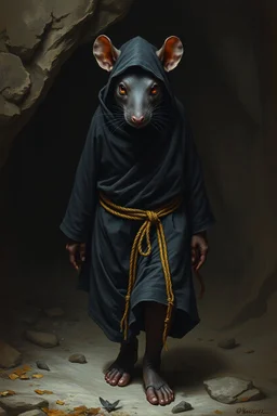 boots , the yoga rat man, big black iris eyes with yellow glints, ou’re looking at someone who doesn’t just walk into shadows—they belong to them. The black robes cling like a second skin, the belt tied tight with gold thread that catches the light only when he moves. His face is wrapped, but not hidden—his eyes glow like embers, red and steady, as if he’s already seen what waits inside the cave. The tail curls behind him, not in fear, but in readiness. He doesn’t need a torch, by Rembrandt