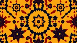 Front Symmetrical View Of Ethnic Cultural Pakistani Sindhi Ajrak Pattern. Using Colors Golden, Navy-Blue, Maroon And Black With a Hexagonal Shape In The Exact Center And Middle.