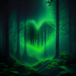 green fog in the forest at night with an electric heart