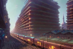 close up train+Elevated train+turin Milan corner building+Italian colourful sea village +alphonse mucha, greg rutkowski,matte painting, cryengine, hyper detailed, felix kelly, fantasy art, seb mckinnon